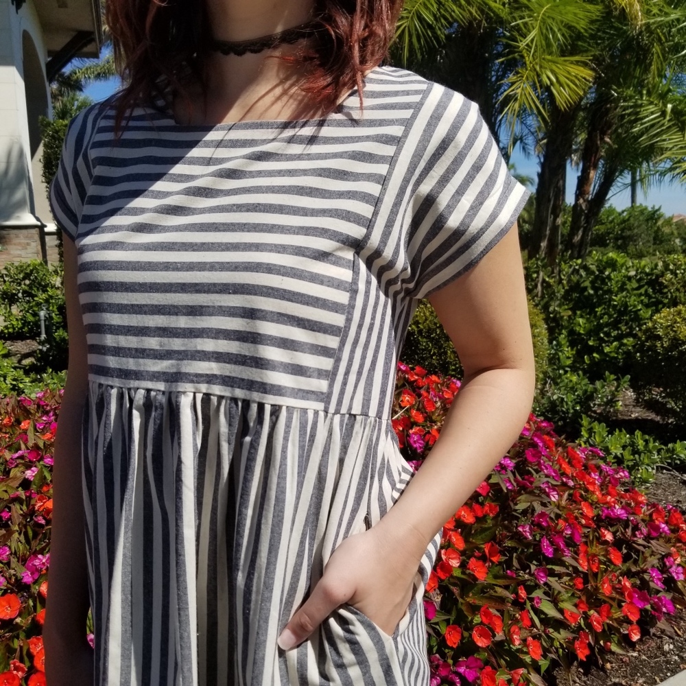 LAST // Navy Stripe Pleated Babydoll Dress - Picture 6 of 6